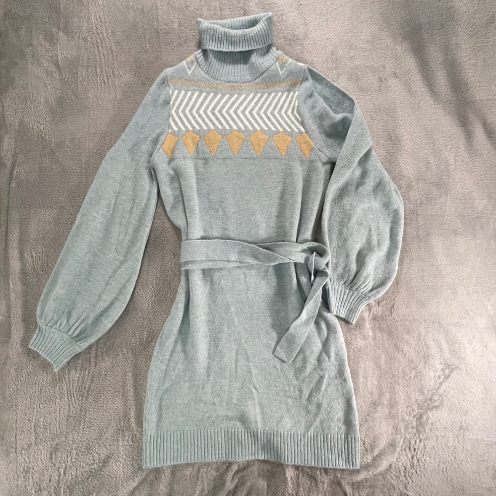 Lulus‎ Light Blue Fair Isle Turtleneck Sweater Dress Belted Size M
